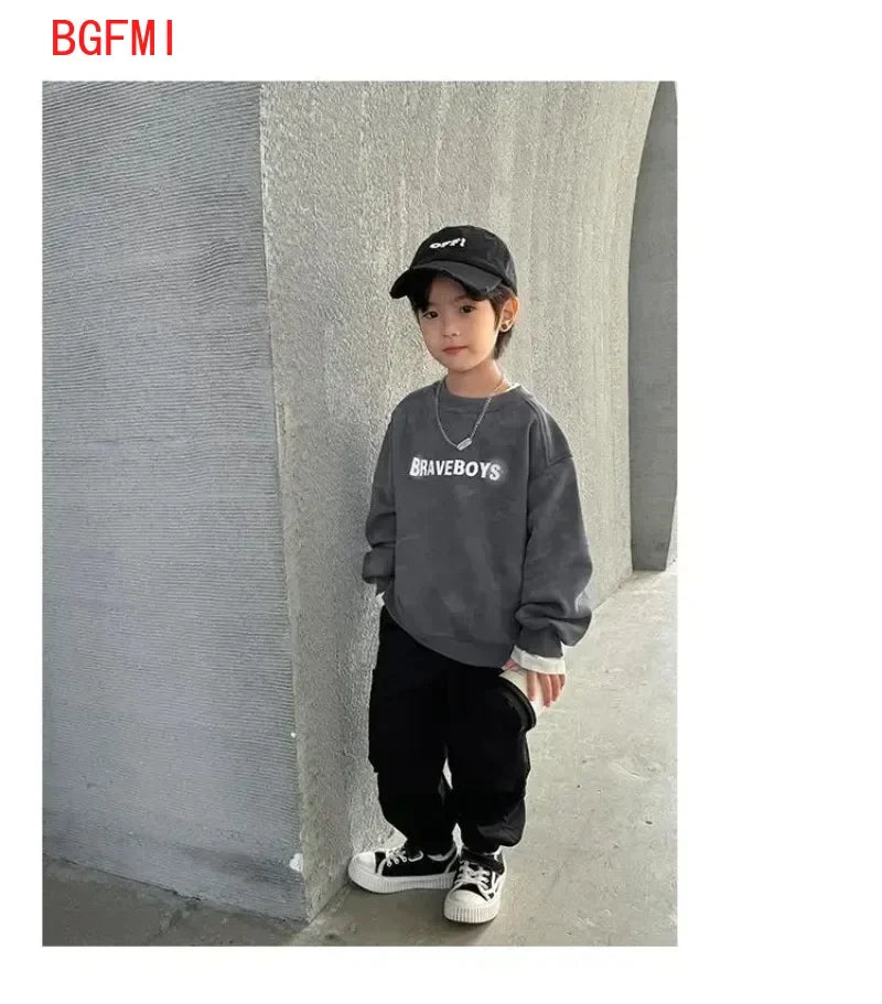 Sudadera para Niño, Estilo Versátil, Nueva Colección 2026, Manga Larga, Gris, Diseño de Parches, Corte Holgado, Estilo Coreano, Unisex, Ropa de Otoño