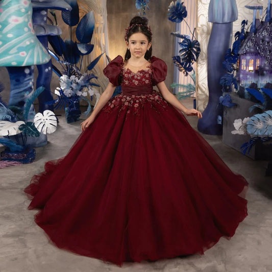 Vestido de niña para boda color rojo vino, con encaje y cola, para niñas, ideal para cumpleaños, presentaciones o como disfraz de tutú.