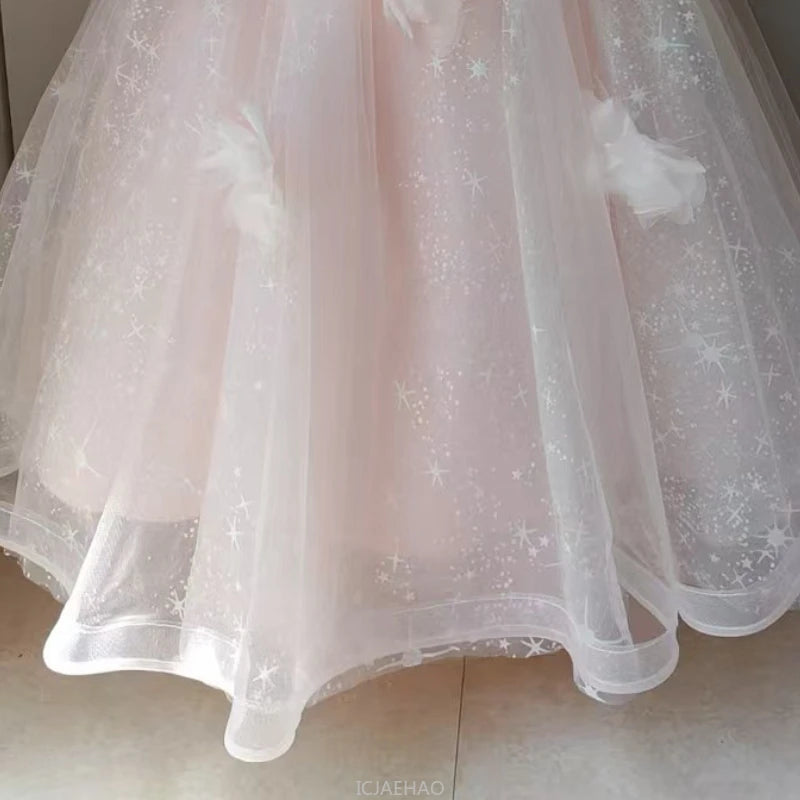 Vestido largo rosa para niñas, vestidos de presentador, ropa para fiesta de cumpleaños, vestido de princesa, disfraz de lujo, traje de actuación de Piano para niños