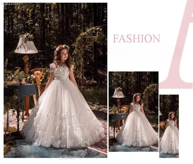Vestido de fiesta de princesa largo blanco para niñas con tren para actuación de Piano vestido Formal de desfile de cumpleaños de boda para niñas de flores