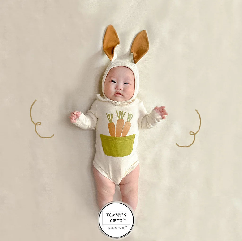 2025 INS ropa infantil para niña moda verano estampado de zanahoria diseño de conejito mameluco para bebé mono de algodón suave 0-24M otoño