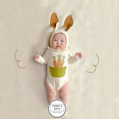 2025 INS ropa infantil para niña moda verano estampado de zanahoria diseño de conejito mameluco para bebé mono de algodón suave 0-24M otoño