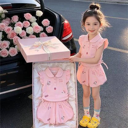 Nuevo Conjunto de Verano para Niña Sanrio, Conjunto Deportivo Delgado de Dos Piezas, Camiseta y Pantalones Cortos con Diseño de Kt, Ropa Casual Transpirable de Algodón
