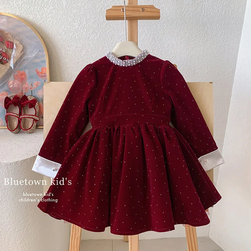 Vestido de Terciopelo Brillante para Niñas, Edición Primavera Otoño Invierno 2026, Vestido de Princesa con Cuello de Perlas
