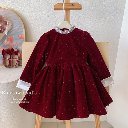 Vestido de Terciopelo Brillante para Niñas, Edición Primavera Otoño Invierno 2026, Vestido de Princesa con Cuello de Perlas