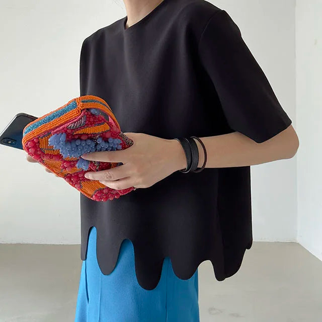 Camisetas de verano de moda coreana, camiseta informal de manga corta con cuello redondo y patrón de onda Irregular, camisetas simples