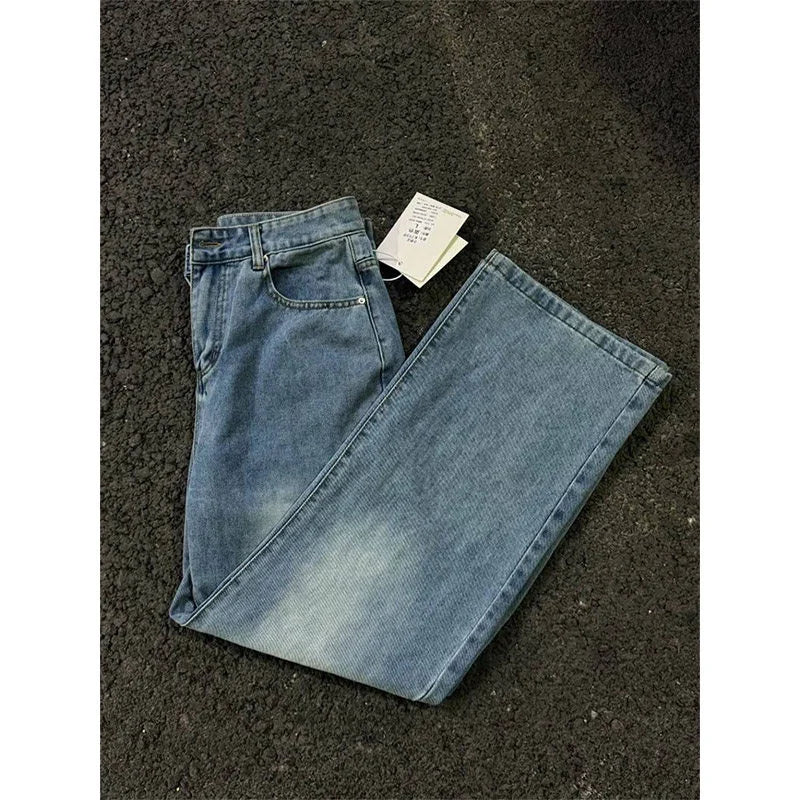 Jeans de pierna recta con parches azules vintage de verano 2026 para hombre, pantalones vaqueros casuales americanos con bolsillos marrones, estilo Y2K, streetwear