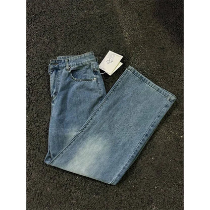 Jeans de pierna recta con parches azules vintage de verano 2026 para hombre, pantalones vaqueros casuales americanos con bolsillos marrones, estilo Y2K, streetwear