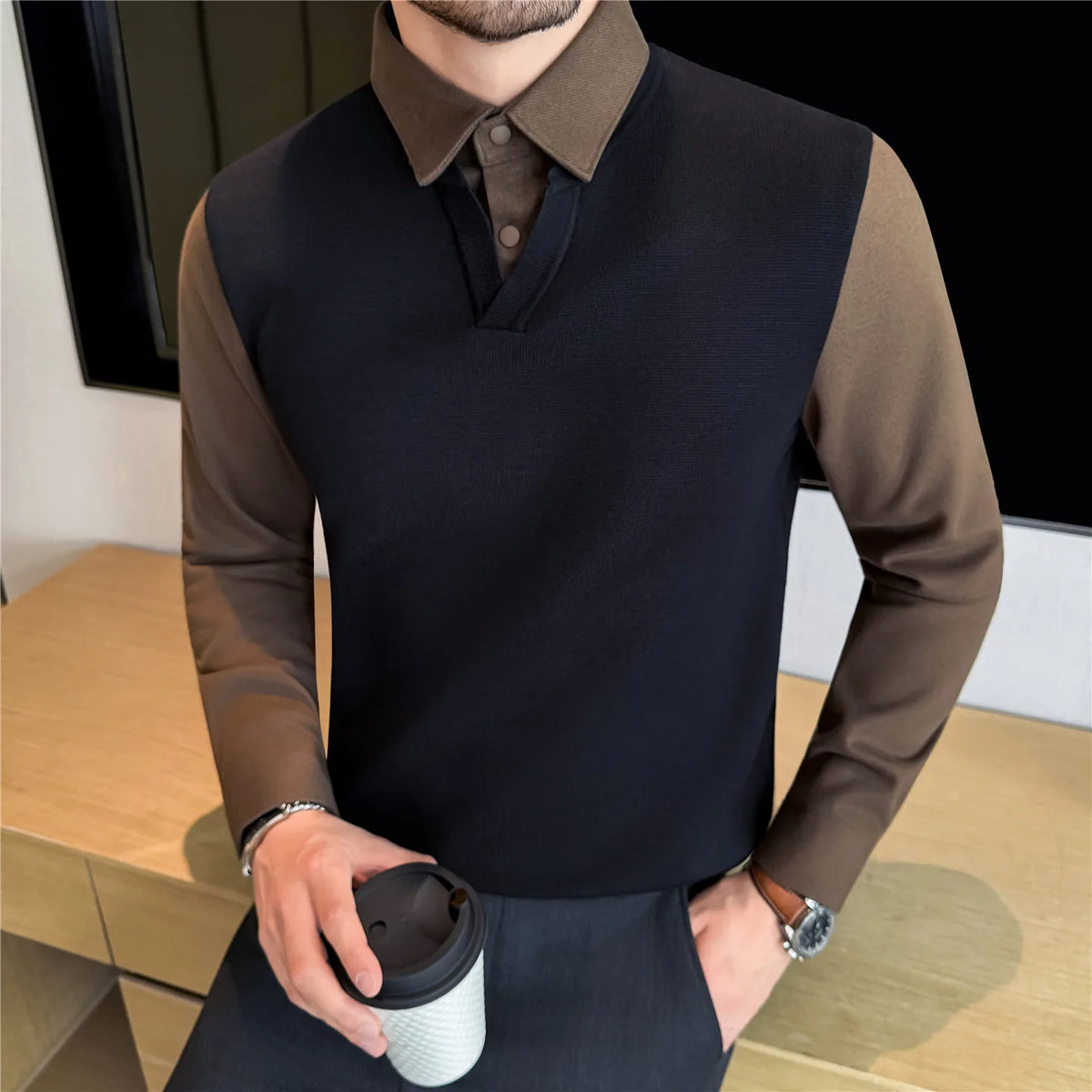 Suéter de punto de alta calidad para hombre, camisa de lana gruesa con cuello empalmado, suéteres con cuello en V, suéter de punto de dos piezas para Otoño e Invierno