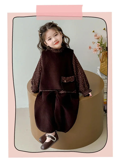 Ropa de moda para niñas 2025, otoño, nueva camisa Floral, chaleco y pantalones de Color sólido, conjunto de 3 piezas de pana