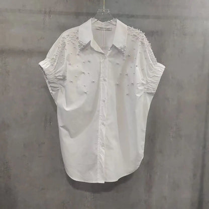Blusas de manga corta de algodón con cuentas de perlas, camisas para mujer, novedad de verano, primavera 2021, tendencia de moda, Tops informales sueltos, Blusas