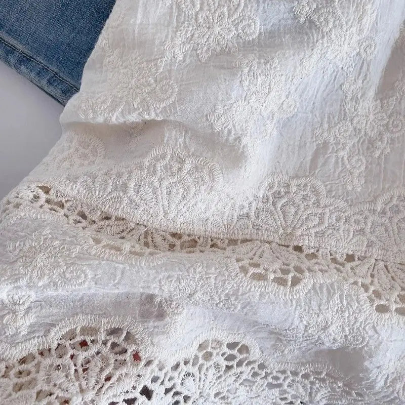 Blusas de algodón de primavera para mujer, camisas elegantes de manga larga caladas con encaje de ganchillo