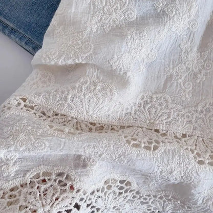 Blusas de algodón de primavera para mujer, camisas elegantes de manga larga caladas con encaje de ganchillo