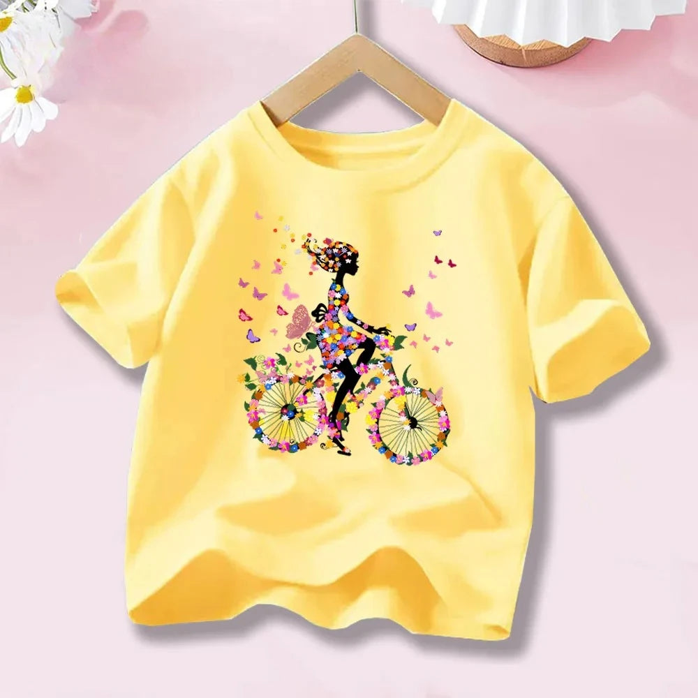 Camiseta de algodón de manga corta con estampado personalizado de mariposa y bicicleta para niña, moda de verano para niños