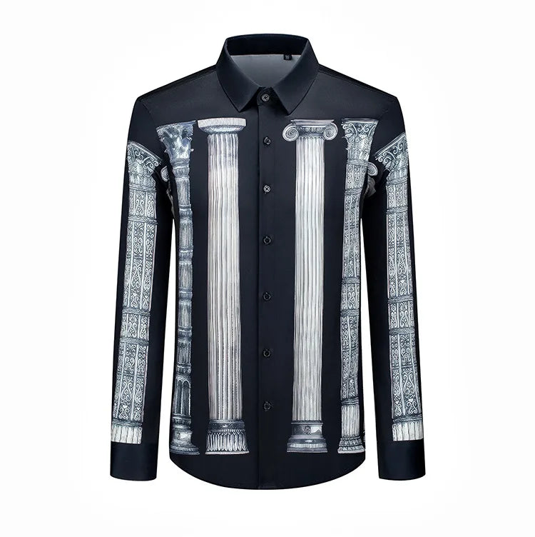 Camisa de manga larga con estampado de columna romana de estilo americano y europeo para hombre, camisas de vestir formales de negocios informales ajustadas, ropa para hombre