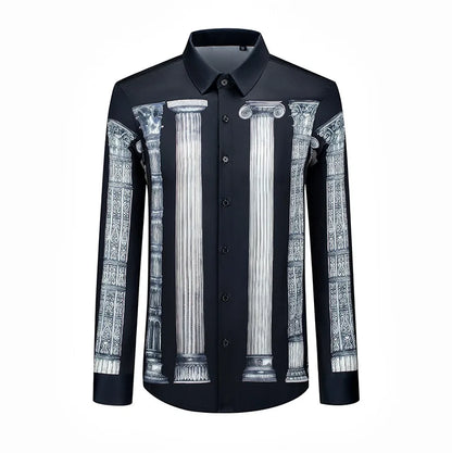 Camisa de manga larga con estampado de columna romana de estilo americano y europeo para hombre, camisas de vestir formales de negocios informales ajustadas, ropa para hombre