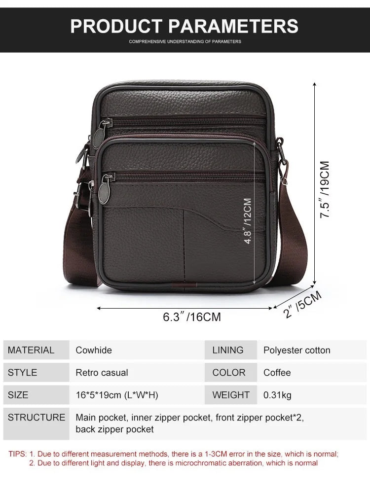 Bolso de hombro pequeño de piel de vaca de primera capa para hombre, bandolera de viaje de cuero genuino para ir al trabajo, bolso informal diario para teléfono móvil