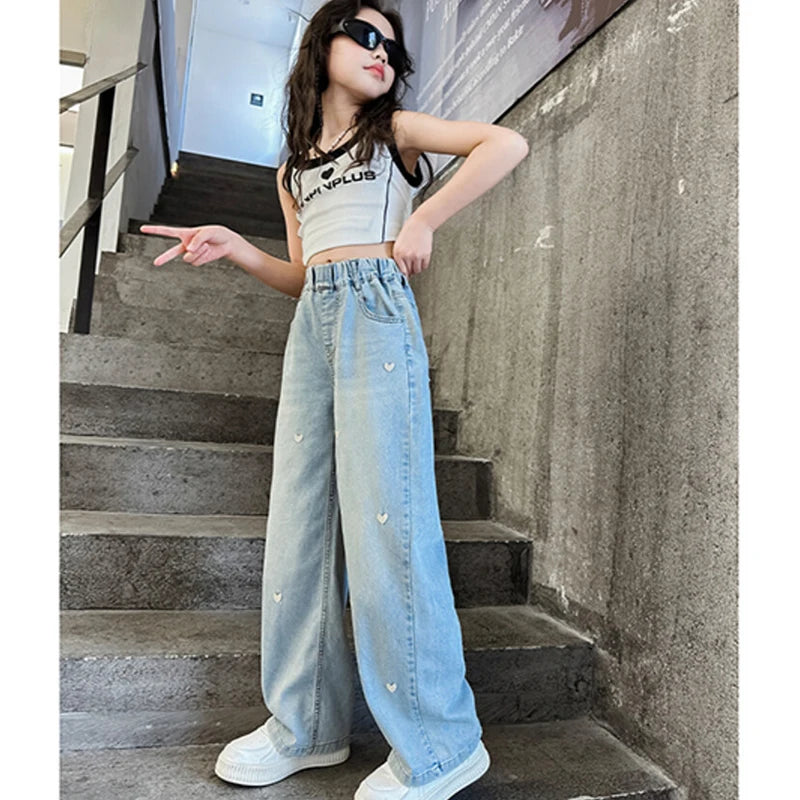 New Summer Girls Jeans Lightweight And Breathable Style Small Hearted Embroidery Mosquito-proof Pants For 4-14 Years Teen Girls