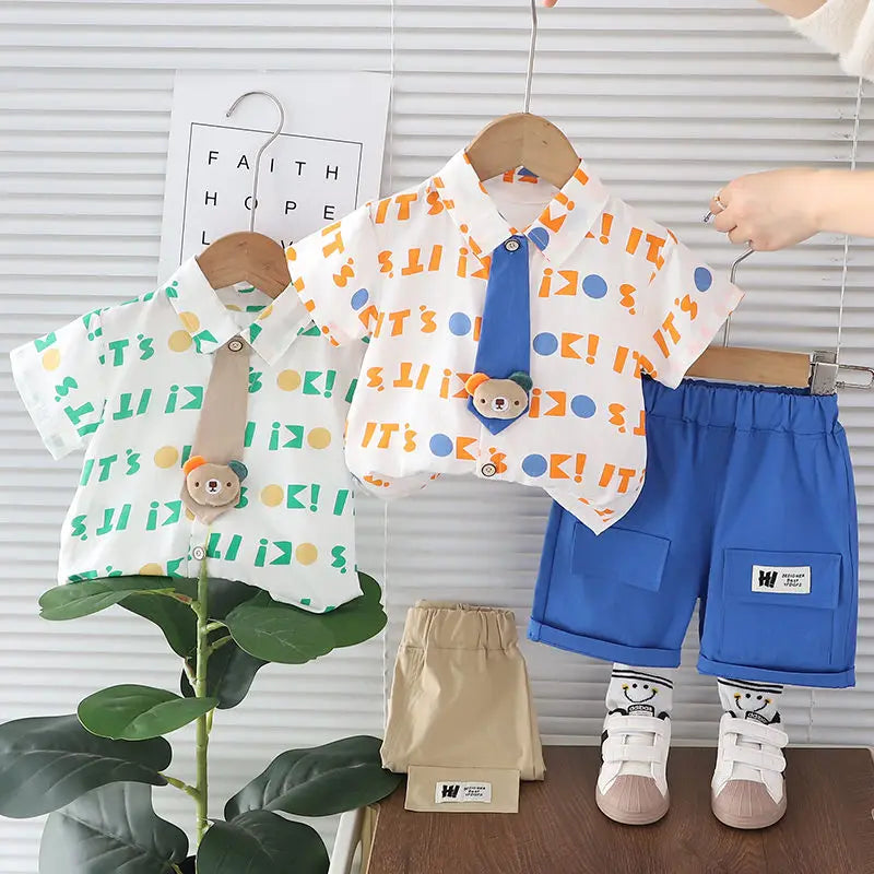 Nueva ropa informal para niños, traje de verano para niños y niñas, camisa con letras estampadas, pantalones cortos, 2 unids/set, ropa para niños pequeños de 0 a 5 años
