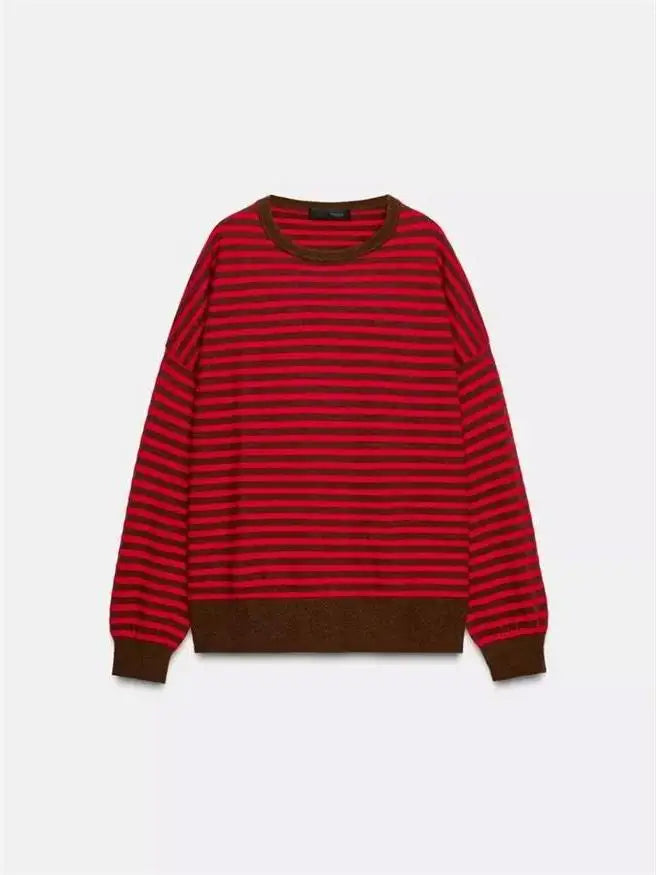 Suéter de punto informal y versátil de manga larga con cuello redondo para mujer, estilo universitario, con patrón de rayas, ...