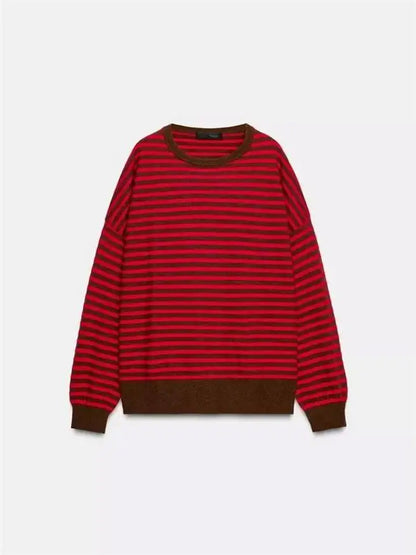 Suéter de punto informal y versátil de manga larga con cuello redondo para mujer, estilo universitario, con patrón de rayas, ...