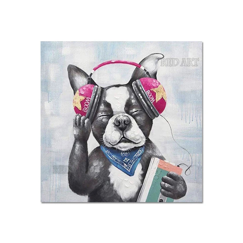 Imagen de animales de dibujos animados, perro encantador, escucha música, regalo abstracto hecho a mano para niños, pintura al óleo sin marco, lienzo de pared, póster artístico de dibujos animados