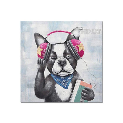 Imagen de animales de dibujos animados, perro encantador, escucha música, regalo abstracto hecho a mano para niños, pintura al óleo sin marco, lienzo de pared, póster artístico de dibujos animados