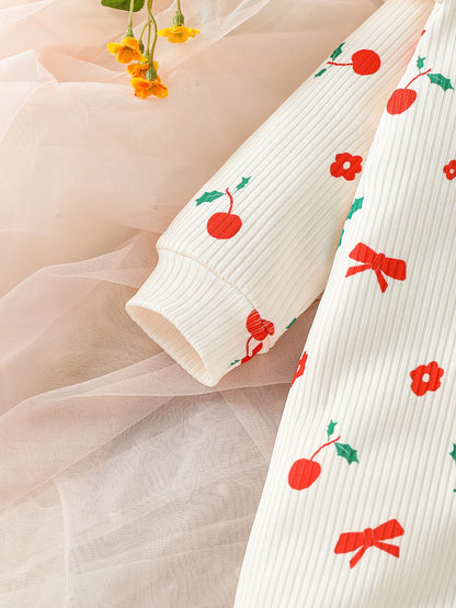 2025 lindos mamelucos para niñas prendas de vestir de manga larga monos de cereza con estampado para recién nacidos dos piezas primavera otoño para 0-1 años