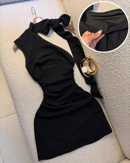 Vestido Negro de un Solo Hombro con Lazo, Plisado y Ajustado, Ideal para Salidas Diarias y para Atraer la Atención, un Vestido Negro Sexy para Citas