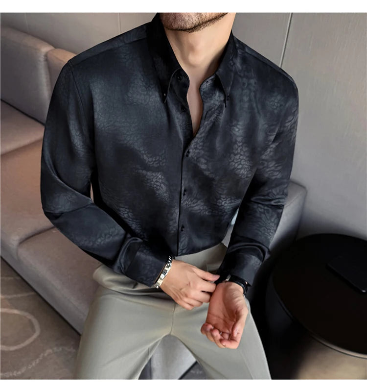 Camisa de manga larga de seda de imitación para hombre, camisa informal estampada de Color degradado a la moda, ropa Social de negocios, ropa de calle para hombre