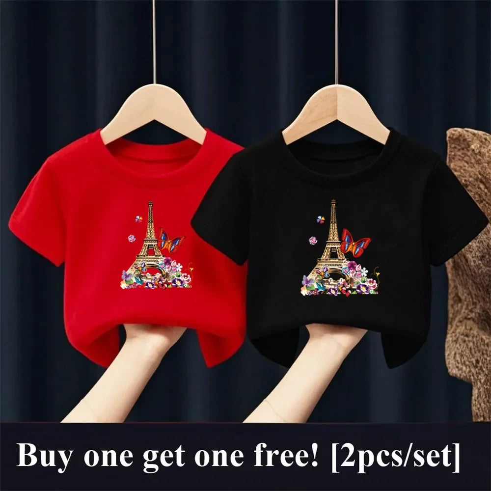 2 unids/pack niñas París Torre Eiffel mariposa estampado gráfico camiseta niños manga corta hermana traje a juego amigo fiesta Tops