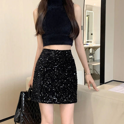 Wrap Hip Club estilo coreano Jupe Femme Y2k Sexy Faldas Mujer Moda 2026 Faldas de lentejuelas negras Mini primavera Otoño Verano