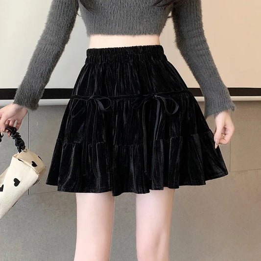 Falda de terciopelo negro para mujer, cintura alta, estilo abullonado, nueva colección otoño-invierno, cintura elástica, efec...