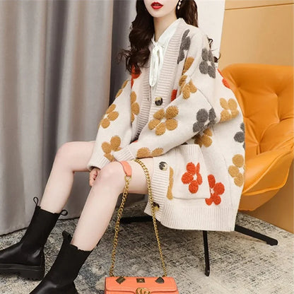 Knit Cardigan Women Sweater Print Floral V Neck Long Sleeved Sweaters Button Pockets Elegant Loose Coats Autumn Winter