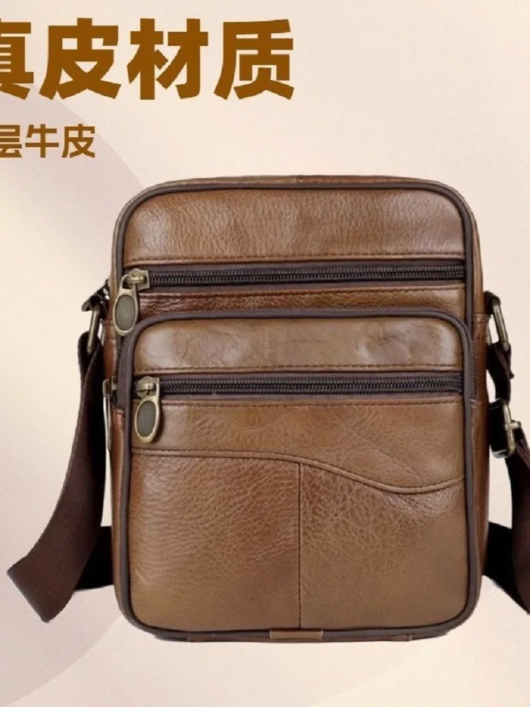 Bolso de hombro pequeño de piel de vaca de primera capa para hombre, bandolera de viaje de cuero genuino para ir al trabajo, bolso informal diario para teléfono móvil