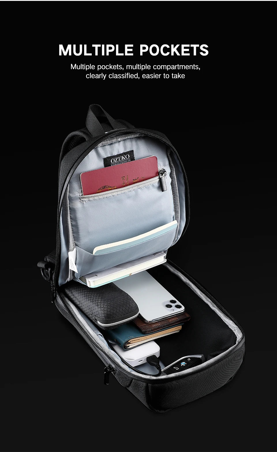 OZUKO-Bolso bandolera informal con carga USB para hombre, bandolera multifunción, bandolera antirrobo, bolso impermeable para hombre