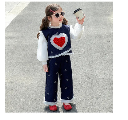 Conjunto de tres piezas con lazo grande de amor para niña, edición coreana de moda de primavera y otoño, ropa para niña