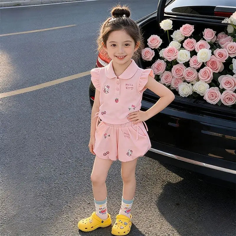 Nuevo Conjunto de Verano para Niña Sanrio, Conjunto Deportivo Delgado de Dos Piezas, Camiseta y Pantalones Cortos con Diseño de Kt, Ropa Casual Transpirable de Algodón