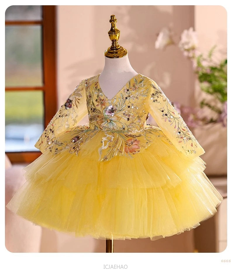 2025 Vestido de fiesta Vestido niños niñas vestidos de novia amarillos disfraz niños flor niña desfile Piano actuación tutú traje