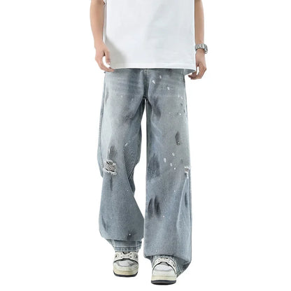 Pantalones vaqueros de pierna recta holgados rasgados de otoño para hombre, moda Hip Hop, pantalones vaqueros con estampado de grafiti, ropa de calle informal Y2K, pantalones vaqueros