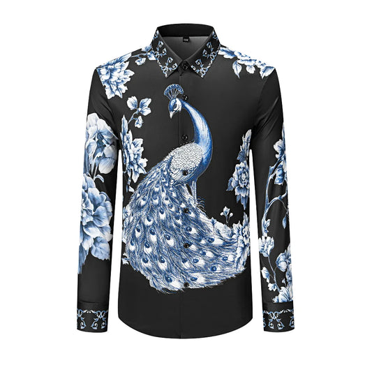 Camisa de manga larga con estampado de pavo real de lujo para hombre, camisas de negocios informales decoradas con diamantes de imitación, ropa de calle Social para hombre, M-5XL