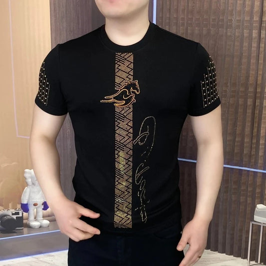 Camiseta de manga corta con diamantes de imitación de lujo para hombre, camiseta informal ajustada con cuello redondo de verano, ropa de calle Social, camisetas M-5XL