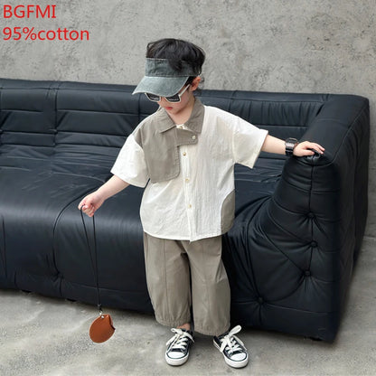 Conjunto de Verano de Algodón para Adolescentes, Niños, 2026, Camisa de Manga Corta Delgada + Pantalones Largos, Conjunto de 2 Piezas para Niños, Elegante, para Fiesta de Cumpleaños
