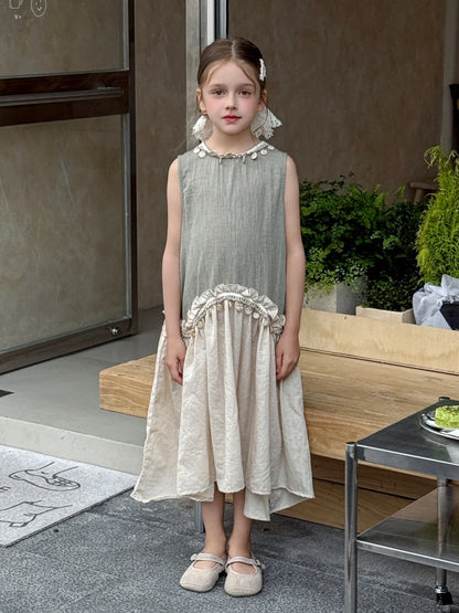 Dulce vestido para niñas verano 2025 nueva moda para niños temperamento Color contrastante vestido bohemio tendencia