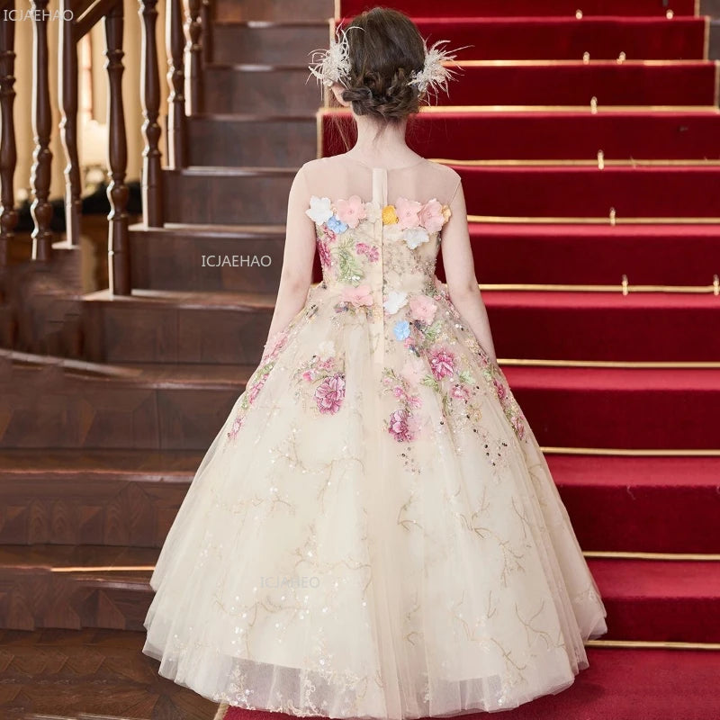 Vestido de fiesta de estilo francés para niñas con flores para el pequeño presentador Piano Recital flor niña boda niños vestido de desfile vestidos