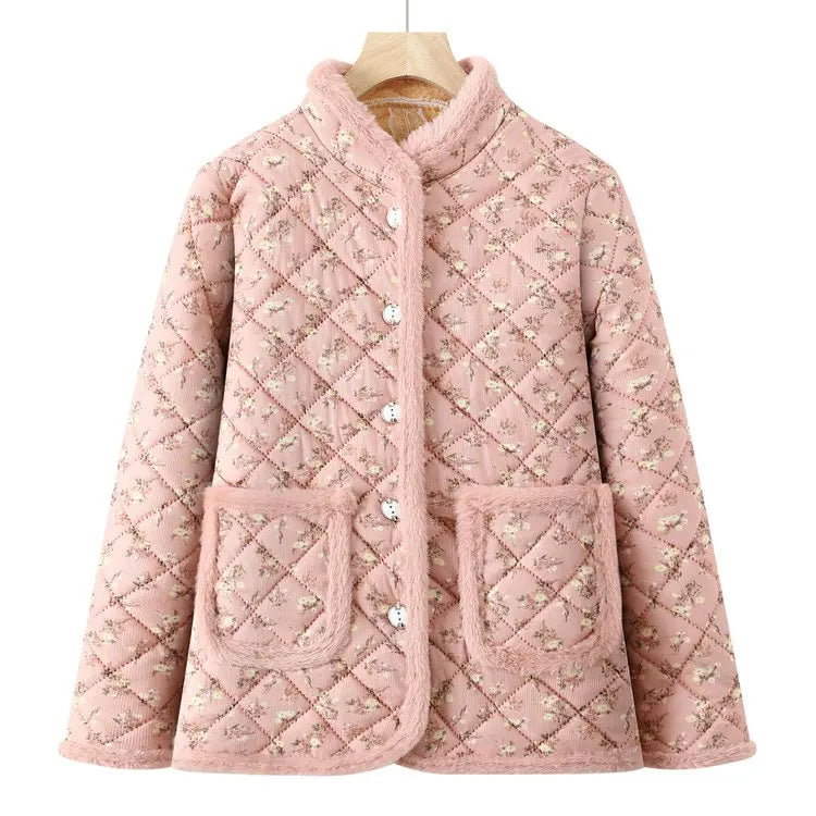 Chaqueta de algodón con estampado floral y forro polar grueso para mujeres de mediana edad y mayores, ropa de abrigo cálida p...