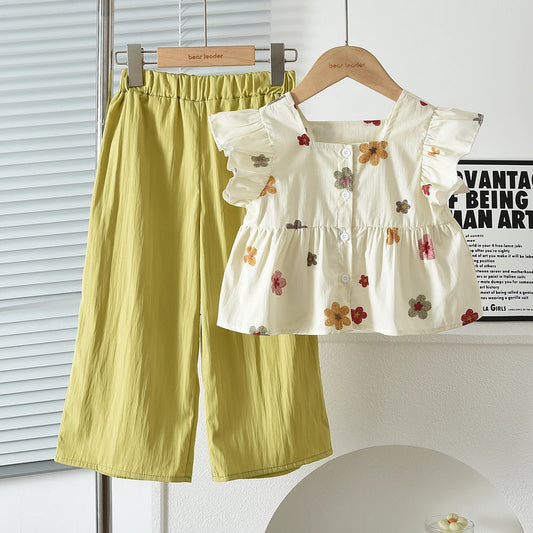 Conjunto de Dos Piezas para Niñas de 3 a 10 Años y Adolescentes con Estampado Floral, Top de Cuello Cuadrado con Mangas Volantes y Pantalones Anchos para el Verano