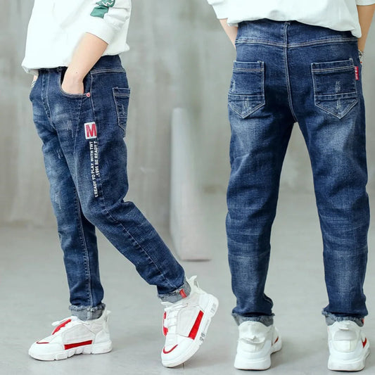 Pantalones vaqueros para niños de 3 a 12 años, estilo ajustado con letra M, pantalones largos informales para niños, regalo de cumpleaños para niños guapos