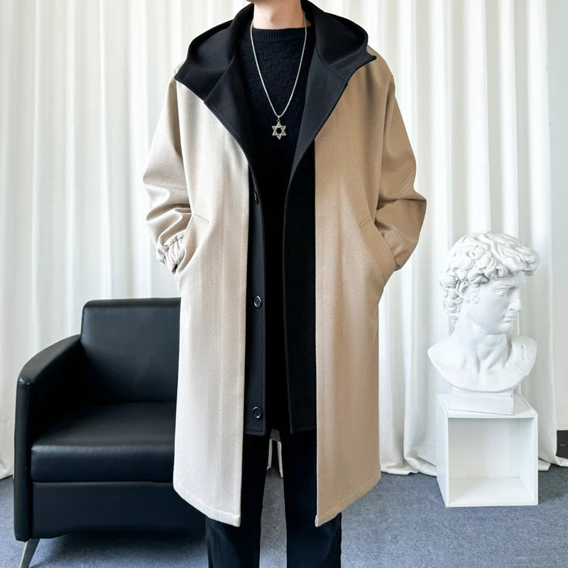 Spring Autumn Fashion false two-Piece Trench Men Hooded Long Outwear Coats Male Loose Single Breasted Casual Windbreaker Jackets