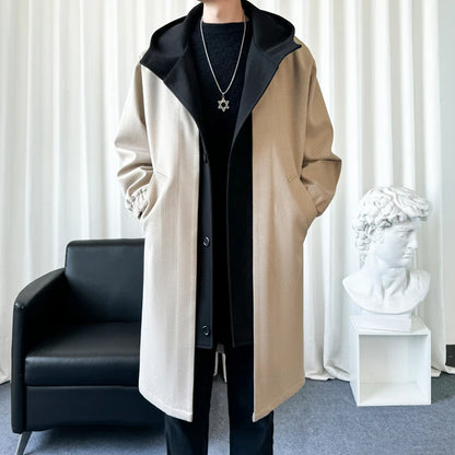 Spring Autumn Fashion false two-Piece Trench Men Hooded Long Outwear Coats Male Loose Single Breasted Casual Windbreaker Jackets